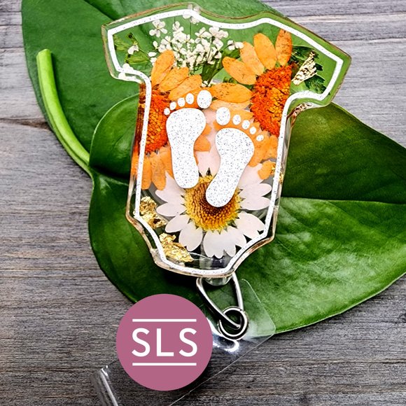 Floral Baby Romper With Footprints Badge Reel-NICU Badge Holder-Gift for NICU RN - Picture 4 of 7